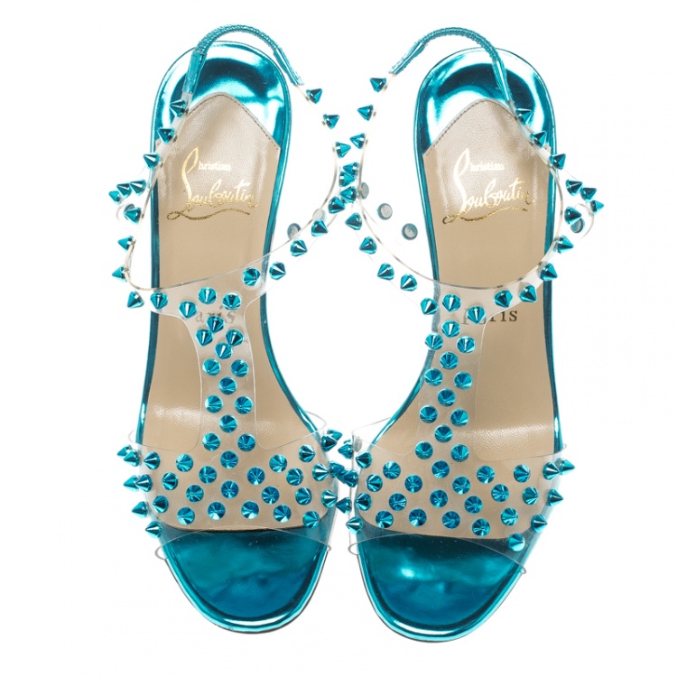 Pre Owned Christian Louboutin Turquoise Spiked PVC J-Lissimo T Strap Sandals Size 37