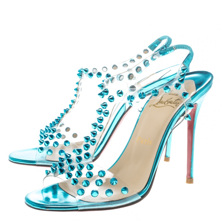 Pre Owned Christian Louboutin Turquoise Spiked PVC J-Lissimo T Strap Sandals Size 37