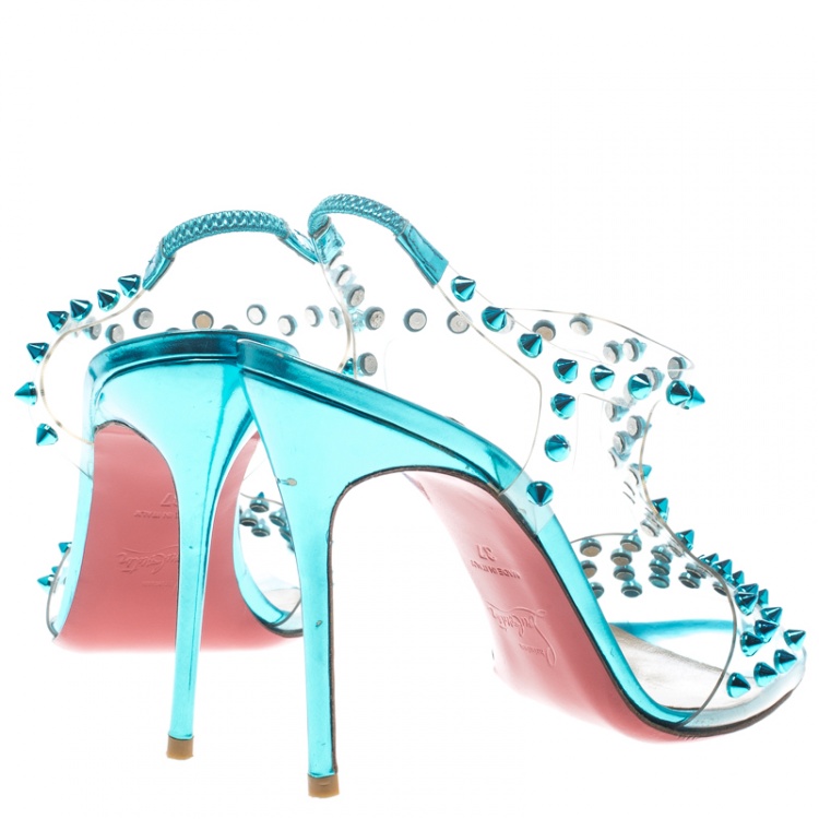 Pre Owned Christian Louboutin Turquoise Spiked PVC J-Lissimo T Strap Sandals Size 37