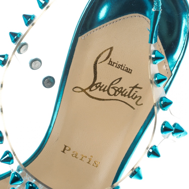 Pre Owned Christian Louboutin Turquoise Spiked PVC J-Lissimo T Strap Sandals Size 37