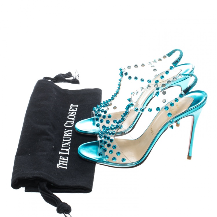 Pre Owned Christian Louboutin Turquoise Spiked PVC J-Lissimo T Strap Sandals Size 37