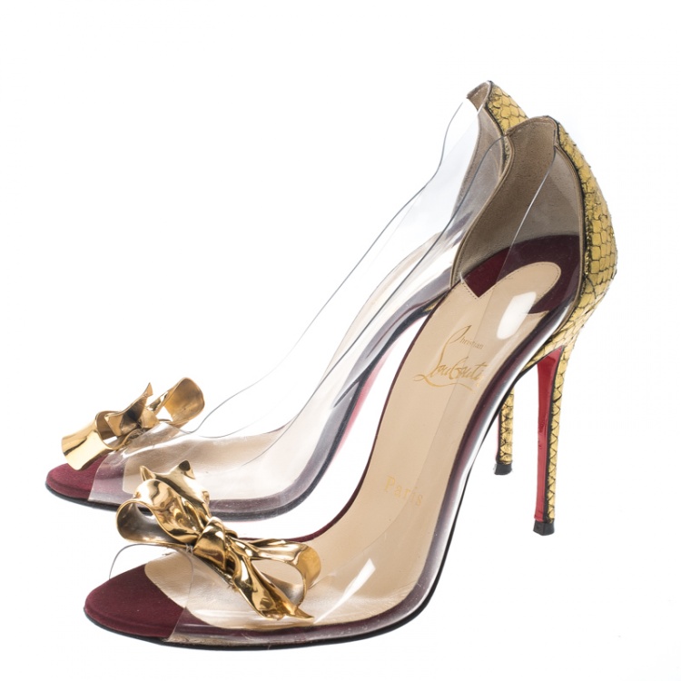 Pre Owned Christian Louboutin Metallic Gold Python and PVC Justinodo Peep Toe Pumps Size 38
