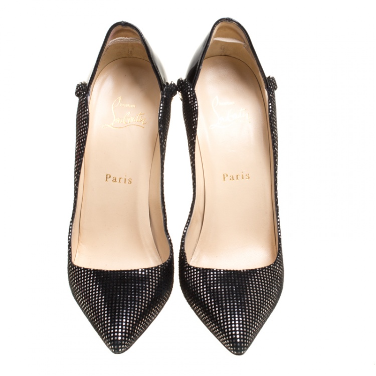 Pre Owned Christian Louboutin Black/Silver Suede and Leather Doremi Chain Pointed Toe Pumps Size 36