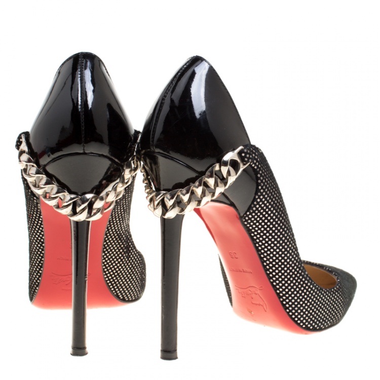 Pre Owned Christian Louboutin Black/Silver Suede and Leather Doremi Chain Pointed Toe Pumps Size 36