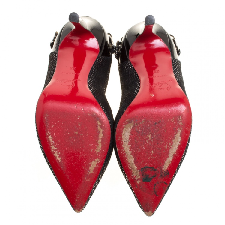 Pre Owned Christian Louboutin Black/Silver Suede and Leather Doremi Chain Pointed Toe Pumps Size 36