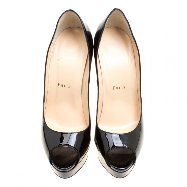 Pre Owned Christian Louboutin Black Patent Leather Lady Peep Toe Platform Pumps Size 39