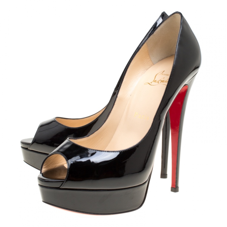 Pre Owned Christian Louboutin Black Patent Leather Lady Peep Toe Platform Pumps Size 39