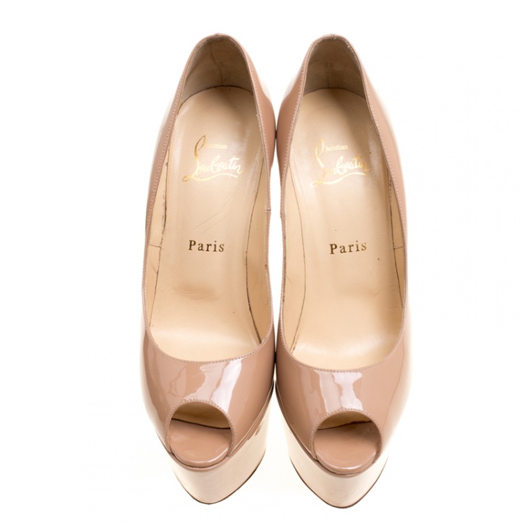 Pre Owned Christian Louboutin Beige Patent Leather Jamie Peep Toe Platform Pumps Size 37.5