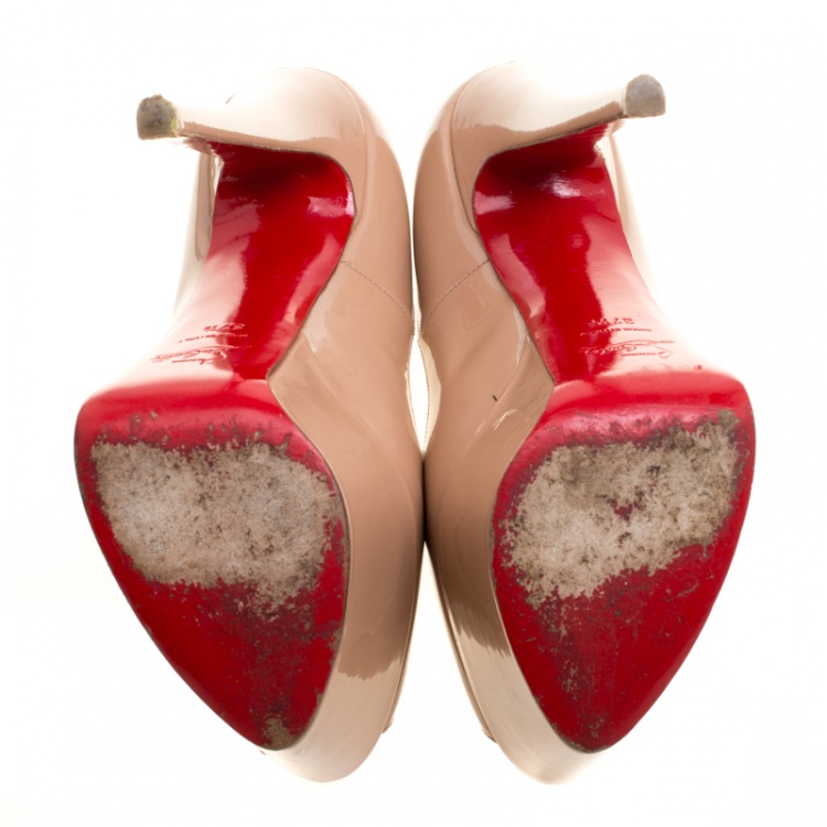 Pre Owned Christian Louboutin Beige Patent Leather Jamie Peep Toe Platform Pumps Size 37.5