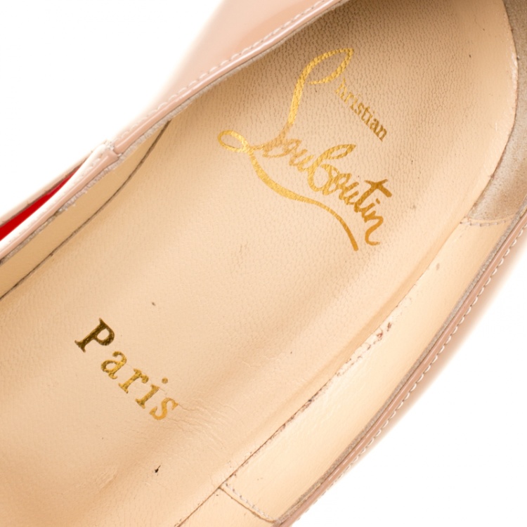 Pre Owned Christian Louboutin Beige Patent Leather Jamie Peep Toe Platform Pumps Size 37.5