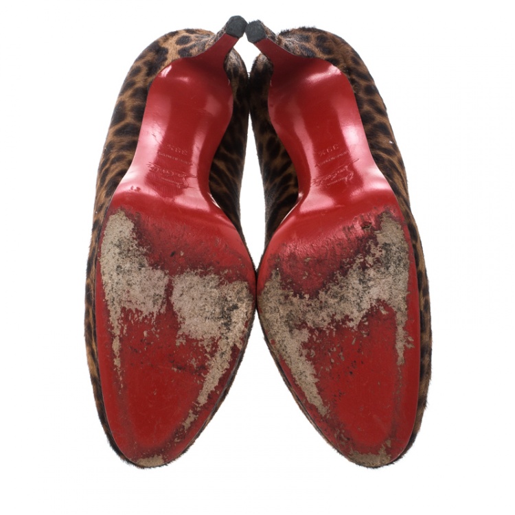 Pre Owned Christian Louboutin Brown Leopard Print Pony Hair Filo Platform Pumps Size 39.5
