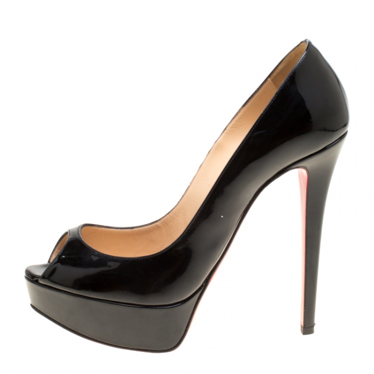 Pre Owned Christian Louboutin Black Patent Leather Lady Peep Toe Platform Pumps Size 37.5