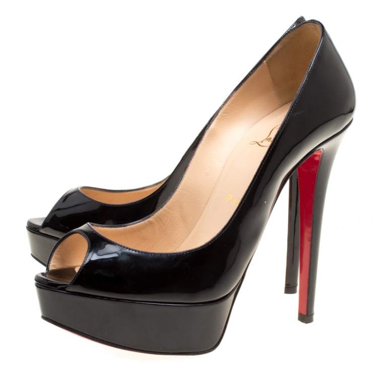Pre Owned Christian Louboutin Black Patent Leather Lady Peep Toe Platform Pumps Size 37.5