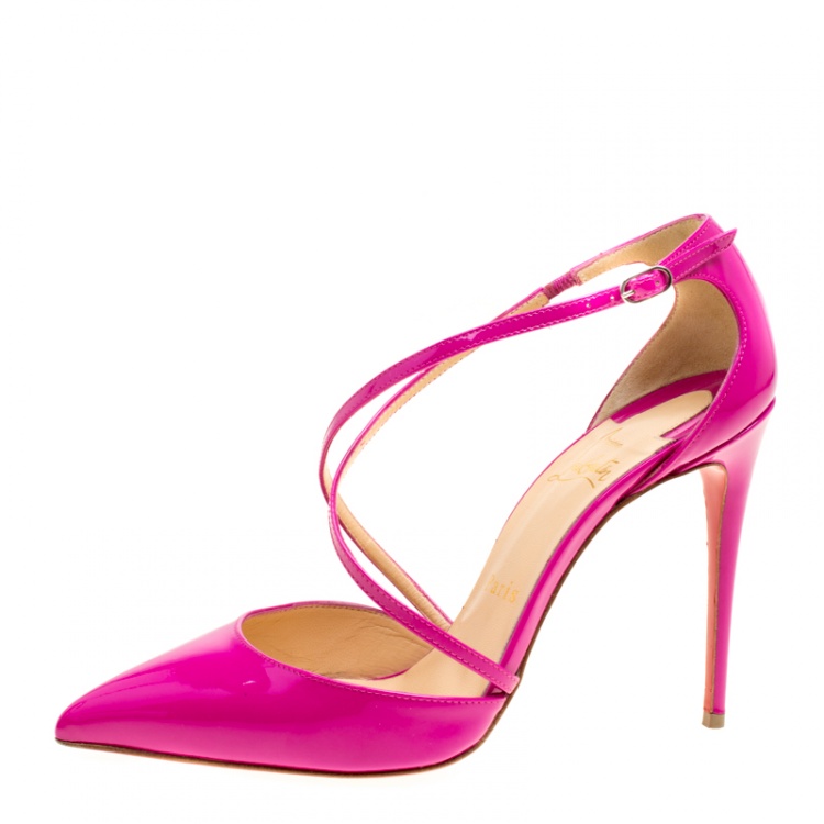 Pre Owned Christian Louboutin Pink Patent Leather Cross Blake Pointed Toe Sandals Size 38