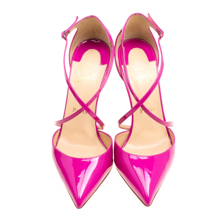 Pre Owned Christian Louboutin Pink Patent Leather Cross Blake Pointed Toe Sandals Size 38