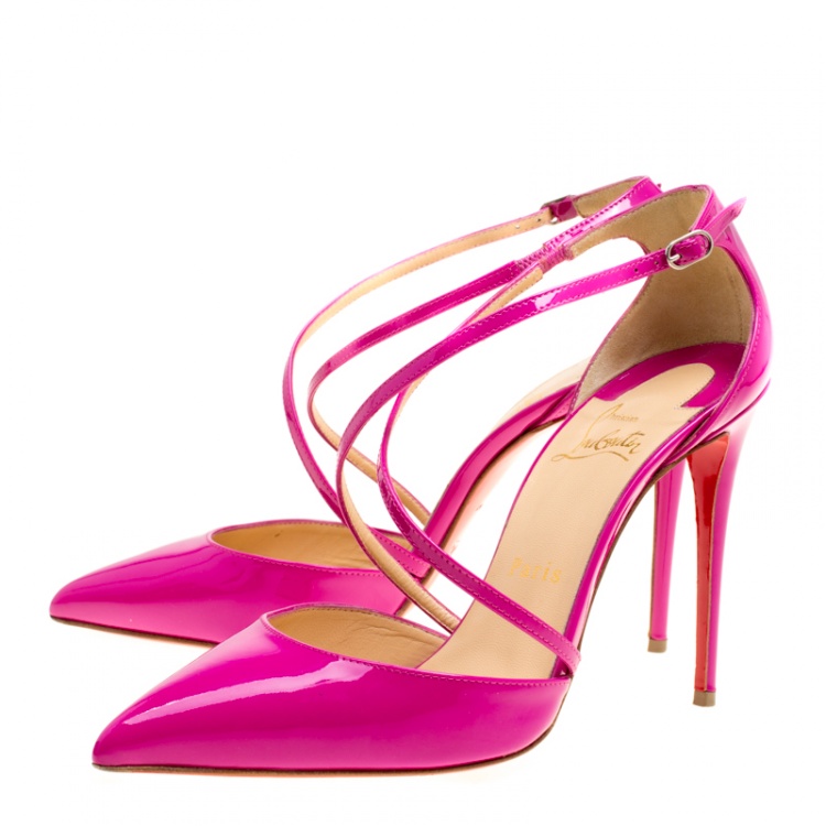 Pre Owned Christian Louboutin Pink Patent Leather Cross Blake Pointed Toe Sandals Size 38