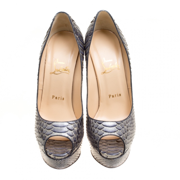 Pre Owned Christian Louboutin Two Tone Metallic Python Scarabee Lady Peep Toe Platform Pumps Size 38.5
