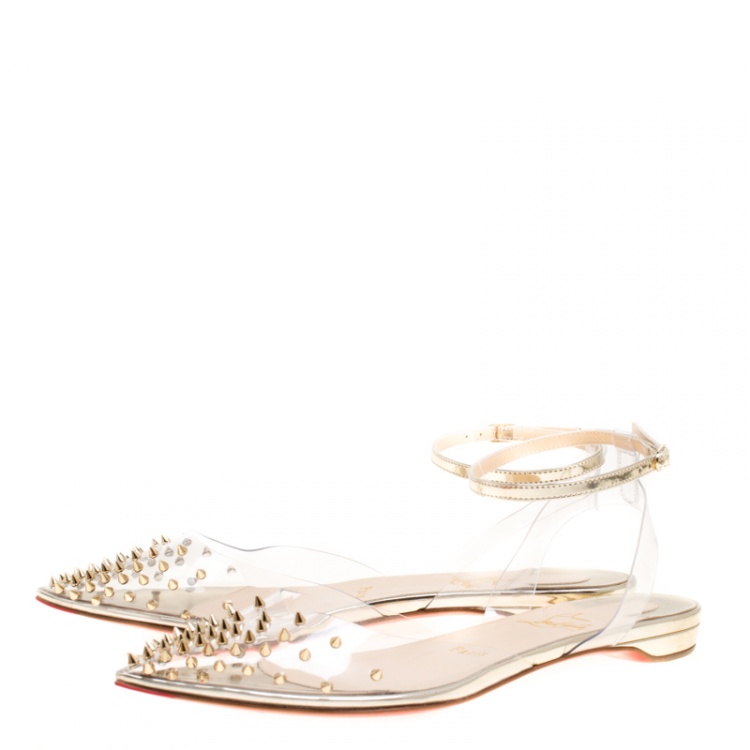 Pre Owned Christian Louboutin PVC and Metallic Gold Leather Spikoo Ankle Strap Pointed Toe Flats Size 36.5