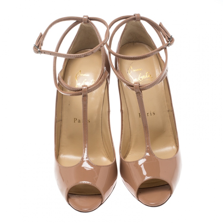 Pre Owned Christian Louboutin Beige Patent Leather Talitha Peep Toe Pumps Size 36.5