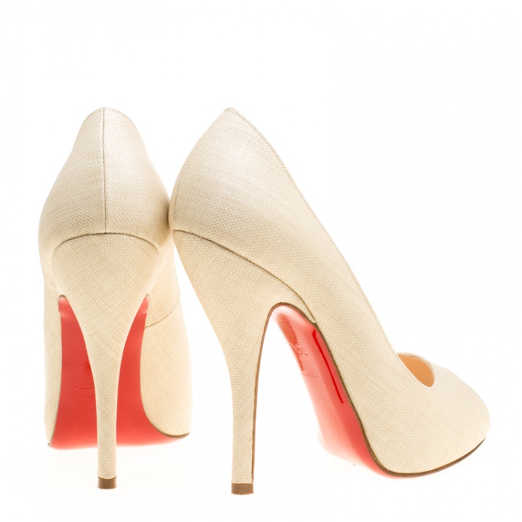 Pre Owned Christian Louboutin Beige Canvas Peep toe Pumps Size 34.5