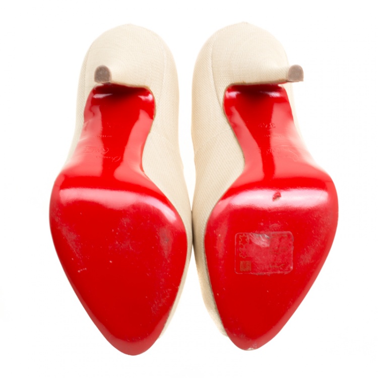 Pre Owned Christian Louboutin Beige Canvas Peep toe Pumps Size 34.5