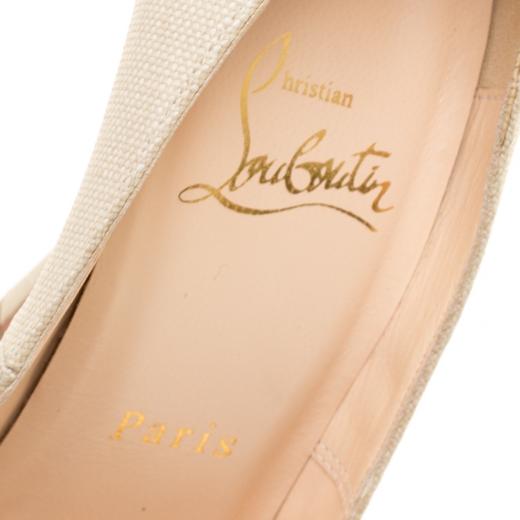 Pre Owned Christian Louboutin Beige Canvas Peep toe Pumps Size 34.5