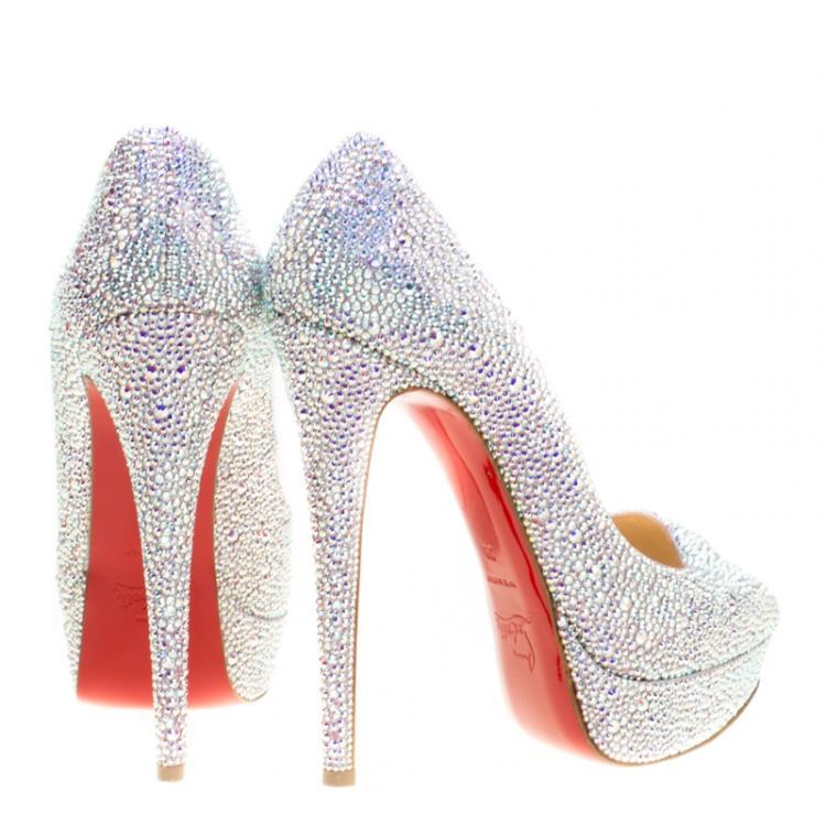 Pre Owned Christian Louboutin Crystal Embellished Lady Peep Toe Aurora Boreale Platform Pumps Size 38