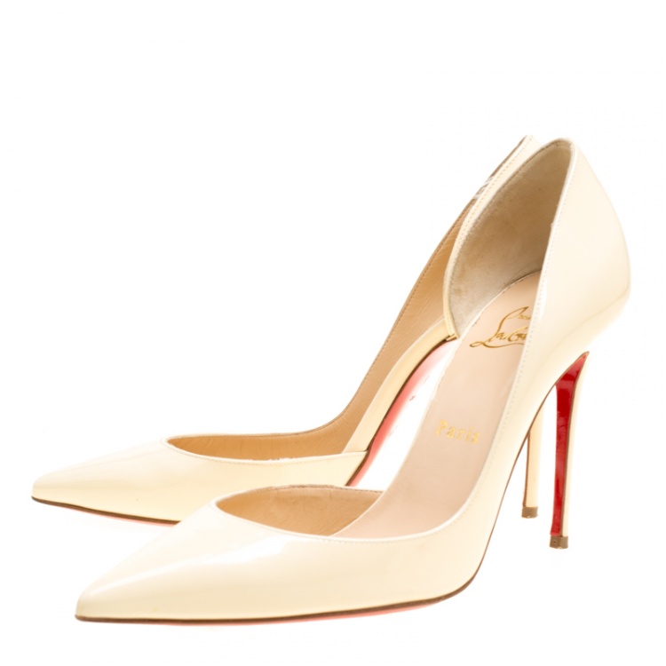 Pre Owned Christian Louboutin Cream Patent Leather Iriza D'orsay Pointed Toe Pumps Size 38