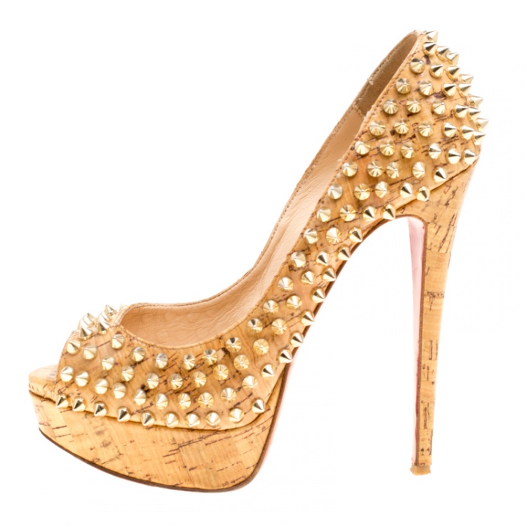 Pre Owned Christian Louboutin Beige Cork Lady Peep Toe Spike Platform Pumps Size 36.5