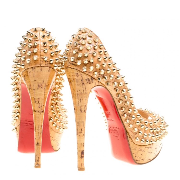 Pre Owned Christian Louboutin Beige Cork Lady Peep Toe Spike Platform Pumps Size 36.5