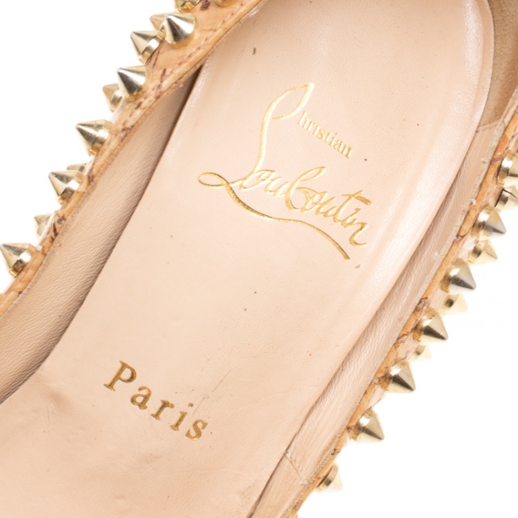 Pre Owned Christian Louboutin Beige Cork Lady Peep Toe Spike Platform Pumps Size 36.5
