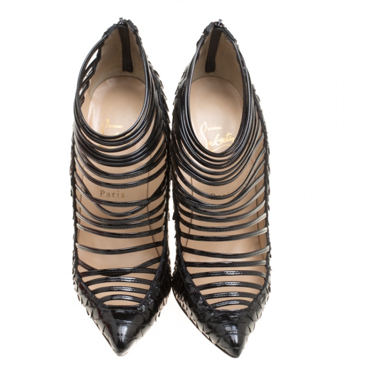 Pre Owned Christian Louboutin Black Patent Python Leather Gortik Strappy Ankle Booties Size 39