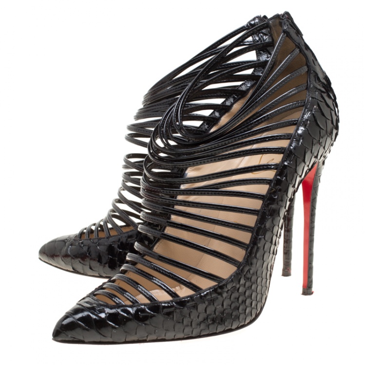 Pre Owned Christian Louboutin Black Patent Python Leather Gortik Strappy Ankle Booties Size 39