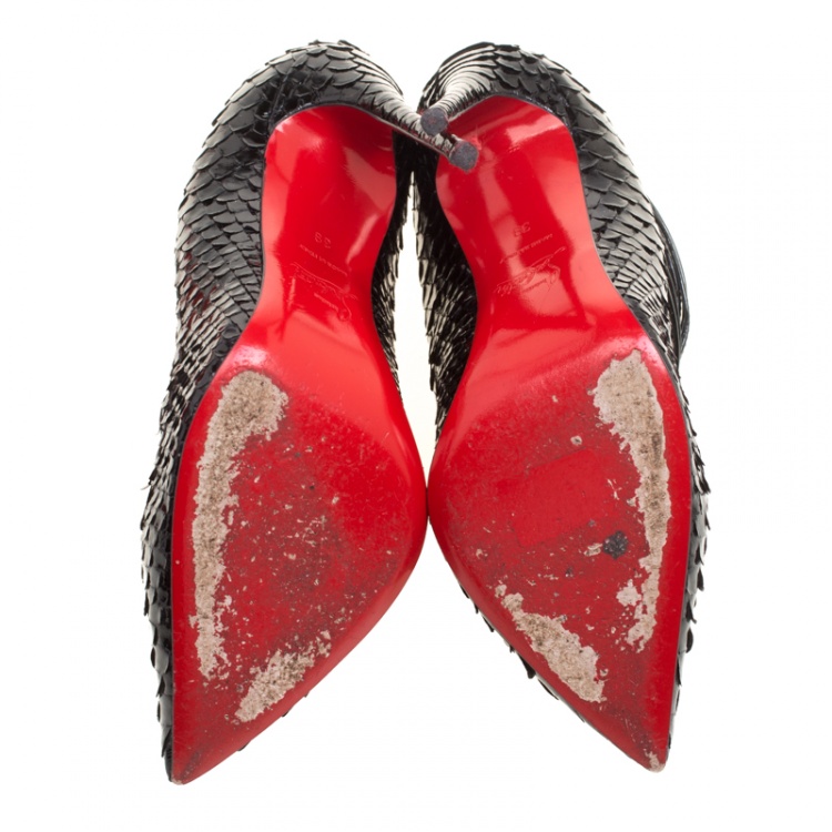 Pre Owned Christian Louboutin Black Patent Python Leather Gortik Strappy Ankle Booties Size 39