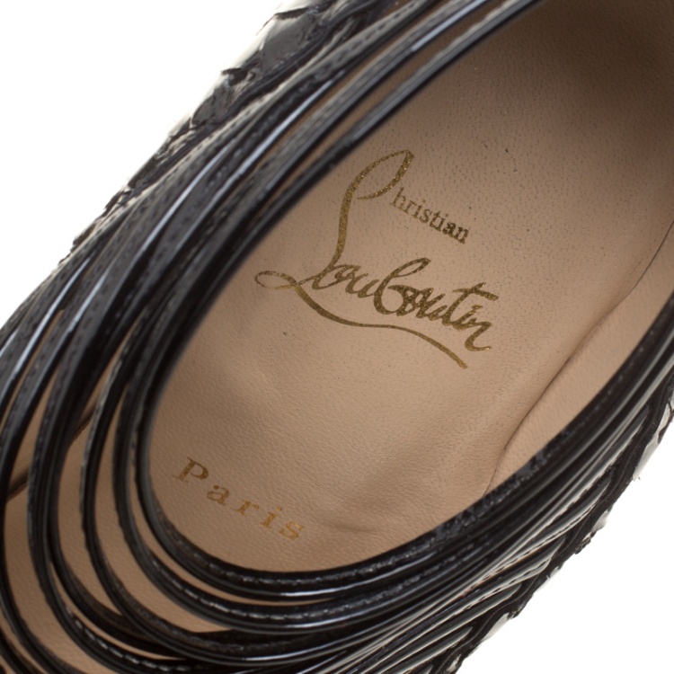 Pre Owned Christian Louboutin Black Patent Python Leather Gortik Strappy Ankle Booties Size 39