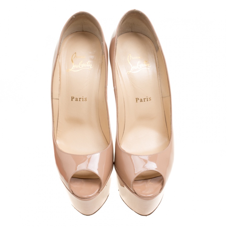 Pre Owned Christian Louboutin Beige Patent Leather Jamie Peep Toe Platform Pumps Size 38.5
