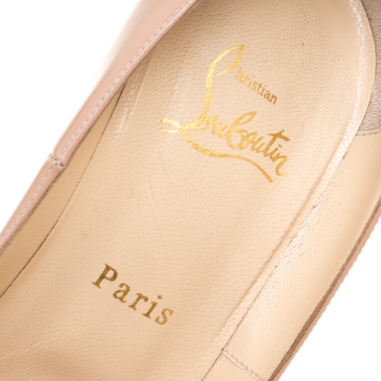 Pre Owned Christian Louboutin Beige Patent Leather Jamie Peep Toe Platform Pumps Size 38.5