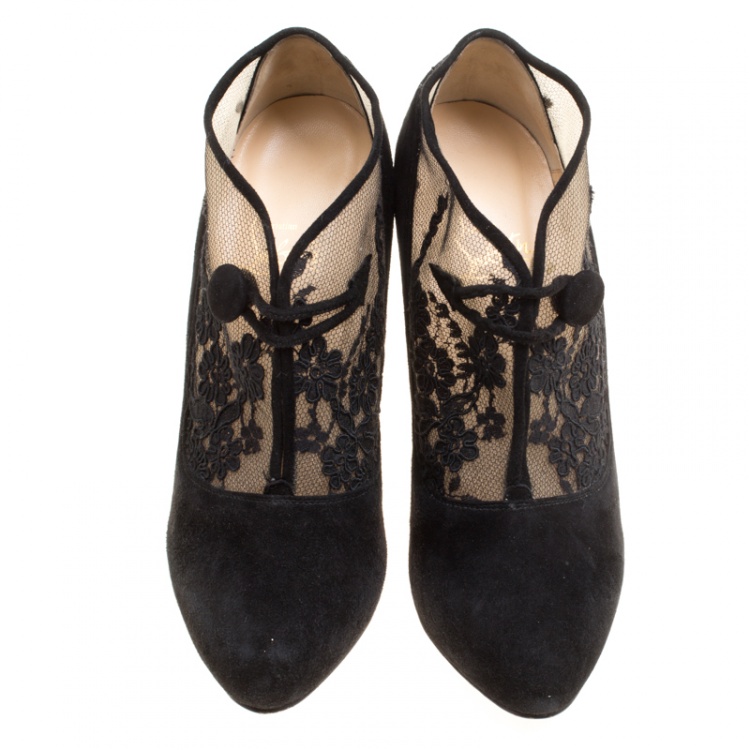 Pre Owned Christian Louboutin Black Suede and Floral Lace Clic Clac Booties Size 39.5