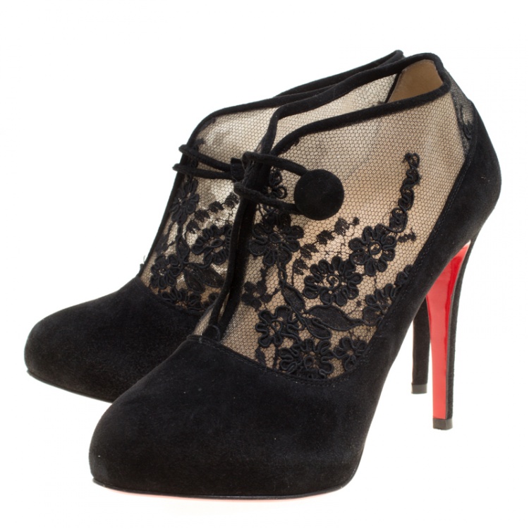 Pre Owned Christian Louboutin Black Suede and Floral Lace Clic Clac Booties Size 39.5