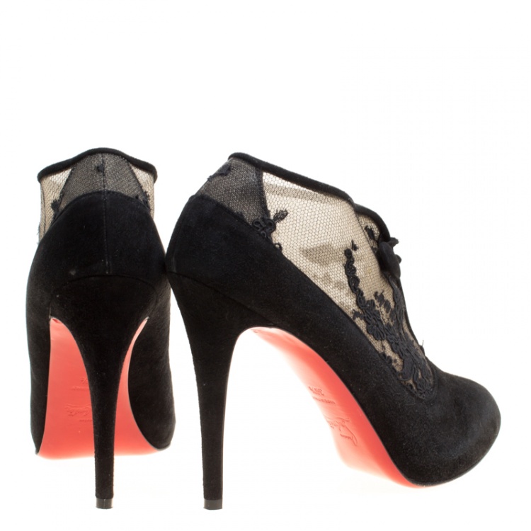 Pre Owned Christian Louboutin Black Suede and Floral Lace Clic Clac Booties Size 39.5