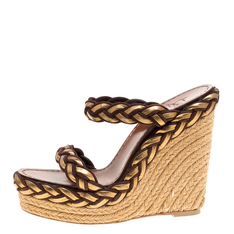 Pre Owned Christian Louboutin Gold/Brown Leather and Suede Braided Espadrille Wedge Size 38