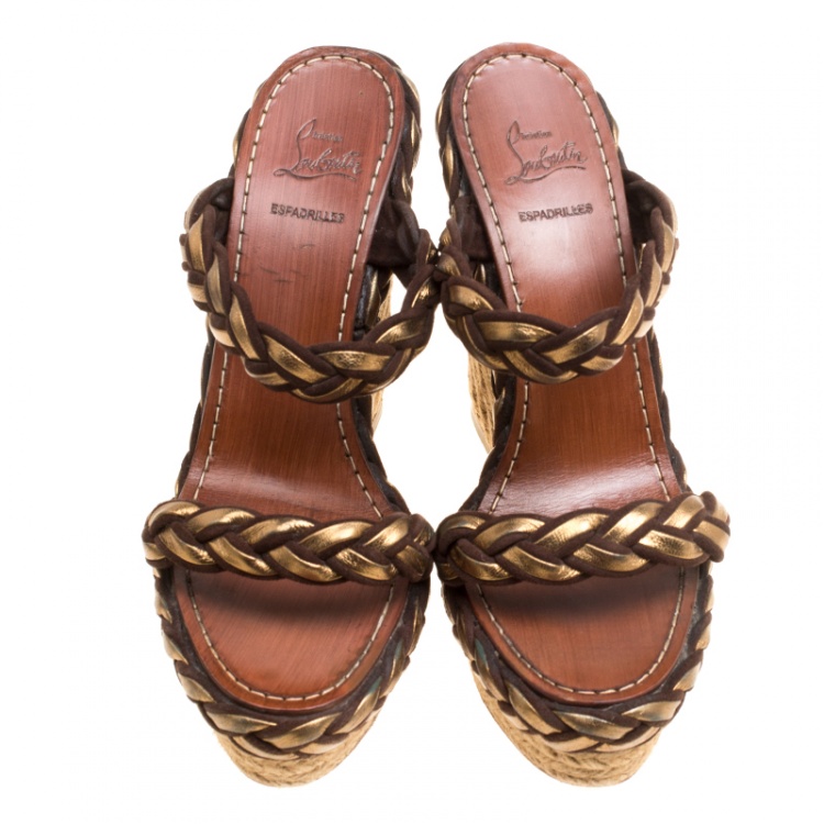 Pre Owned Christian Louboutin Gold/Brown Leather and Suede Braided Espadrille Wedge Size 38
