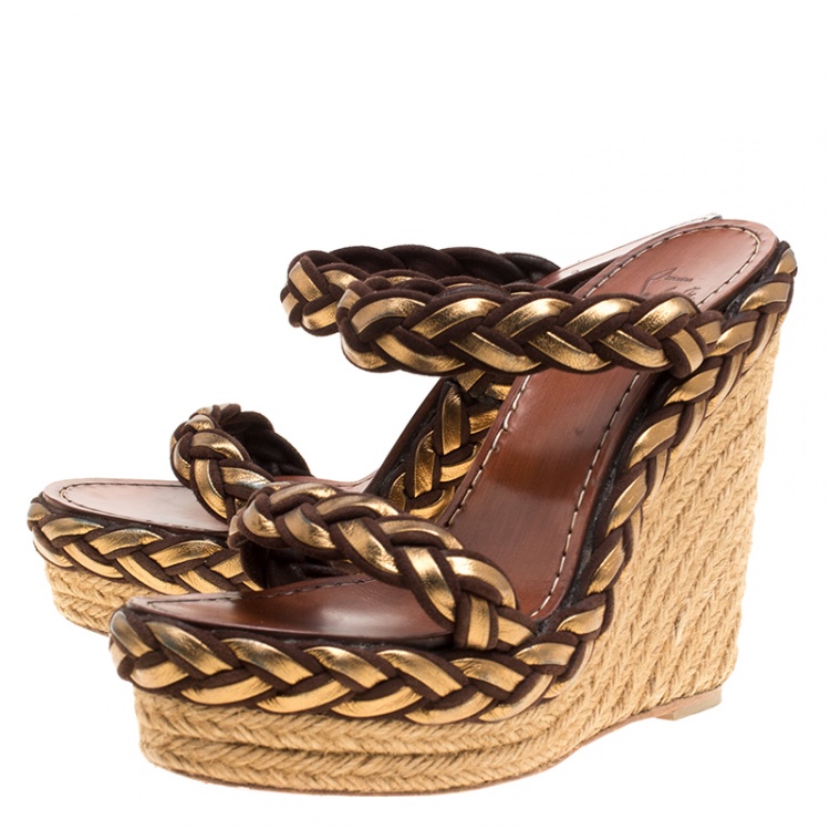 Pre Owned Christian Louboutin Gold/Brown Leather and Suede Braided Espadrille Wedge Size 38