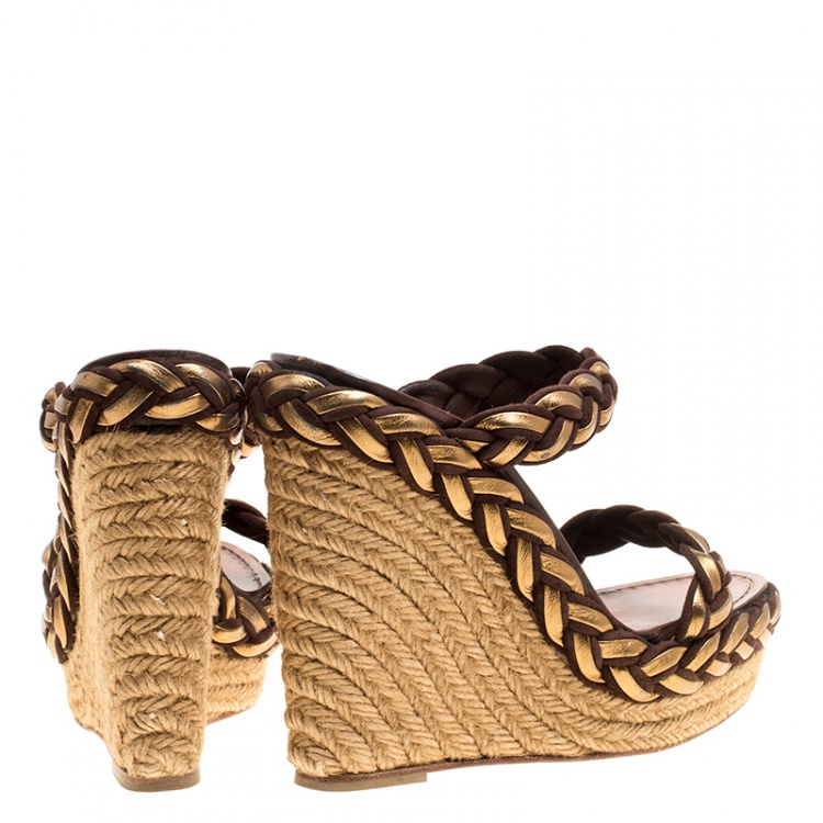 Pre Owned Christian Louboutin Gold/Brown Leather and Suede Braided Espadrille Wedge Size 38