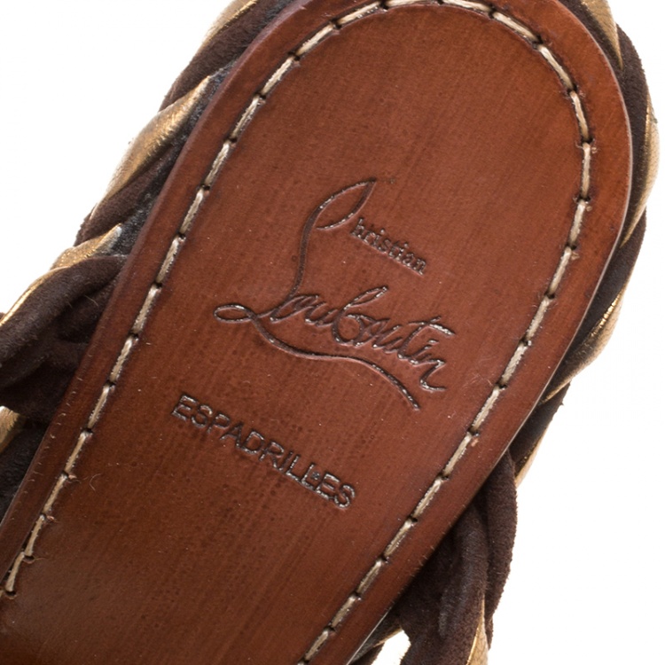 Pre Owned Christian Louboutin Gold/Brown Leather and Suede Braided Espadrille Wedge Size 38