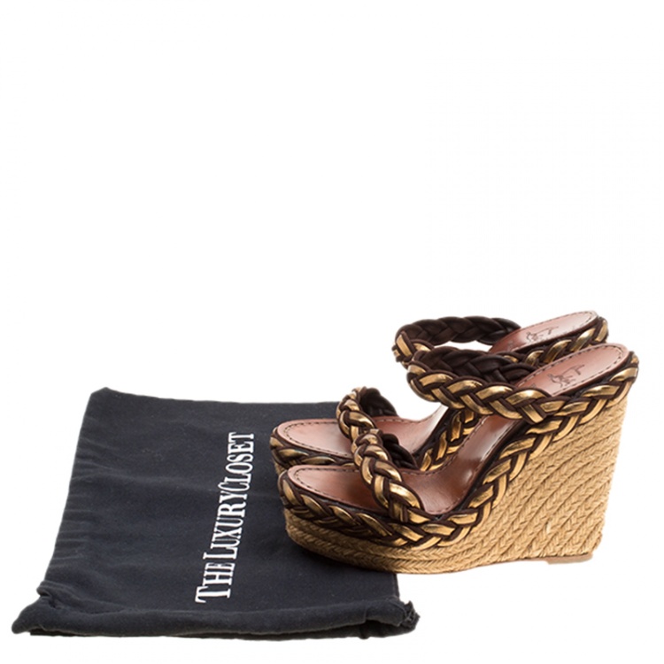 Pre Owned Christian Louboutin Gold/Brown Leather and Suede Braided Espadrille Wedge Size 38