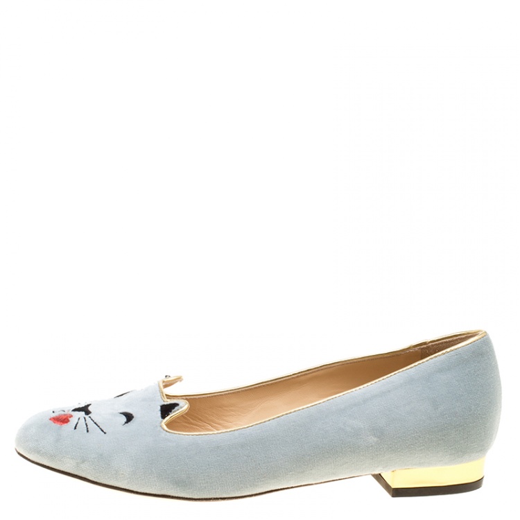Pre Owned Charlotte Olympia Grey Velvet Emoticats Cheeky Kitty Flats Size 38