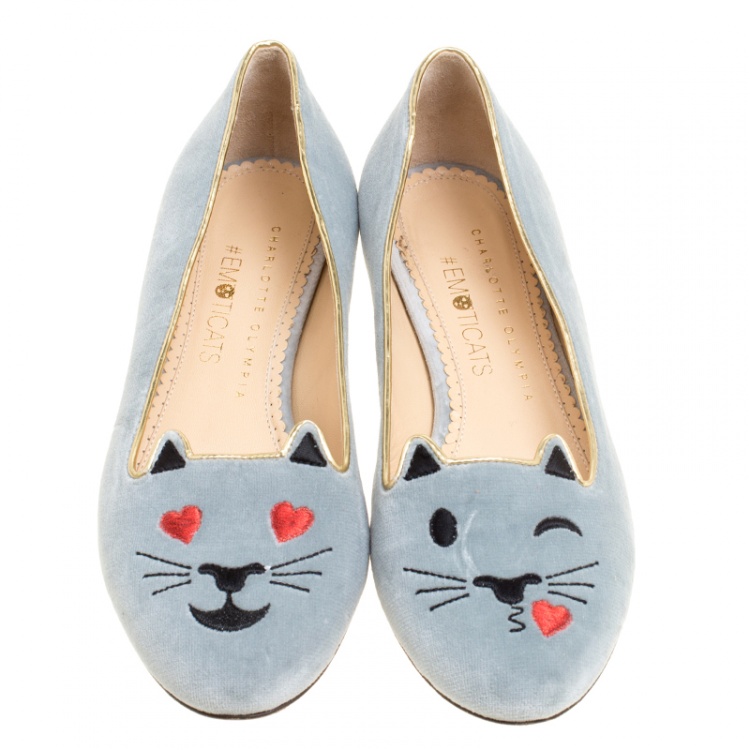 Pre Owned Charlotte Olympia Grey Velvet Emoticats Cheeky Kitty Flats Size 38