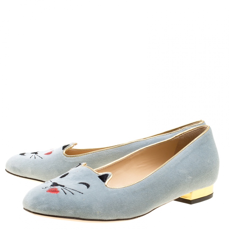 Pre Owned Charlotte Olympia Grey Velvet Emoticats Cheeky Kitty Flats Size 38