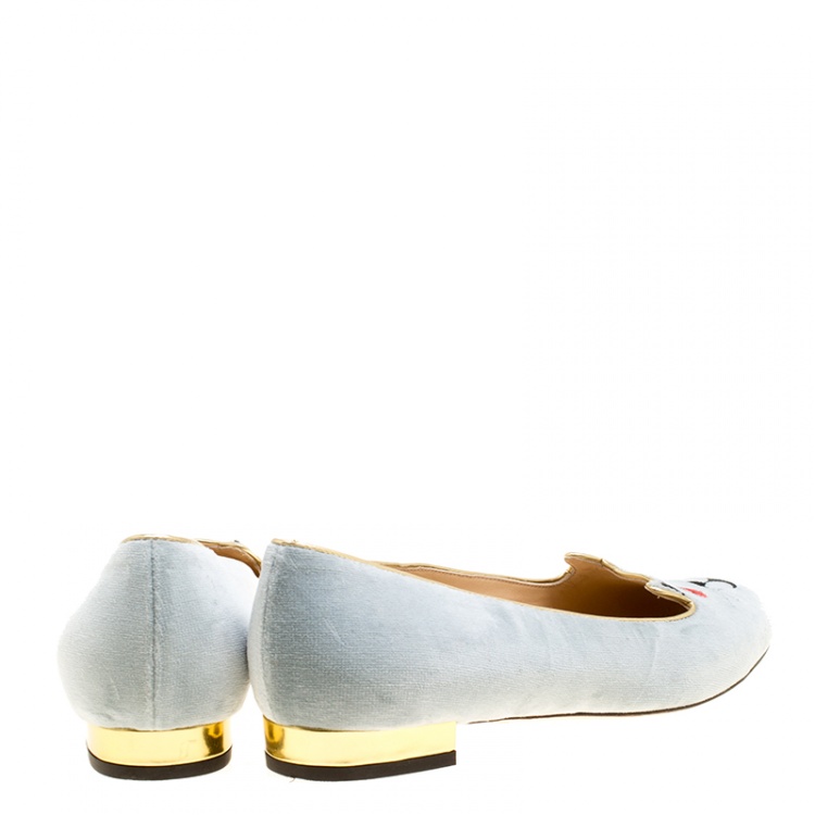 Pre Owned Charlotte Olympia Grey Velvet Emoticats Cheeky Kitty Flats Size 38